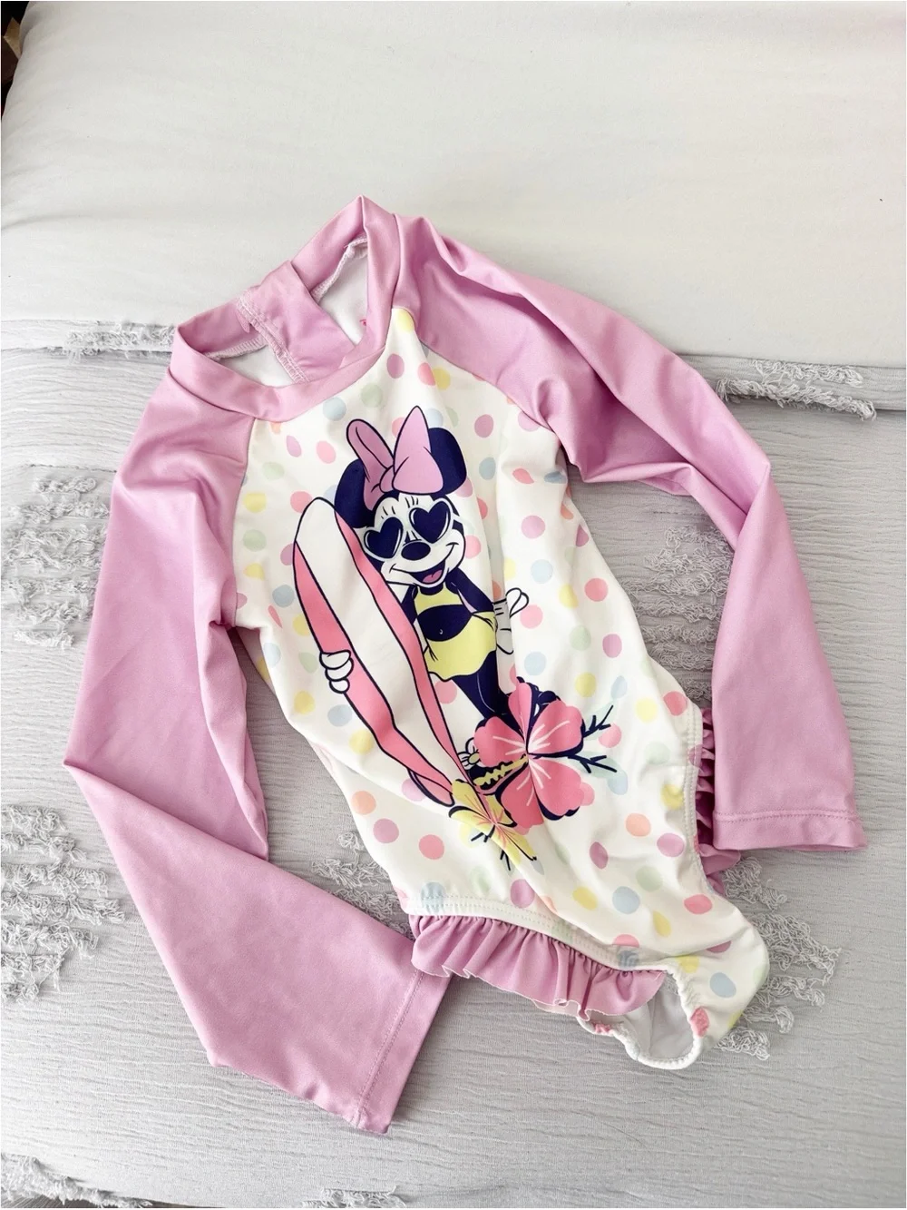 Disney Minnie Mouse pink long sleeve rash guard ruffled one peice swimsuit 3T
